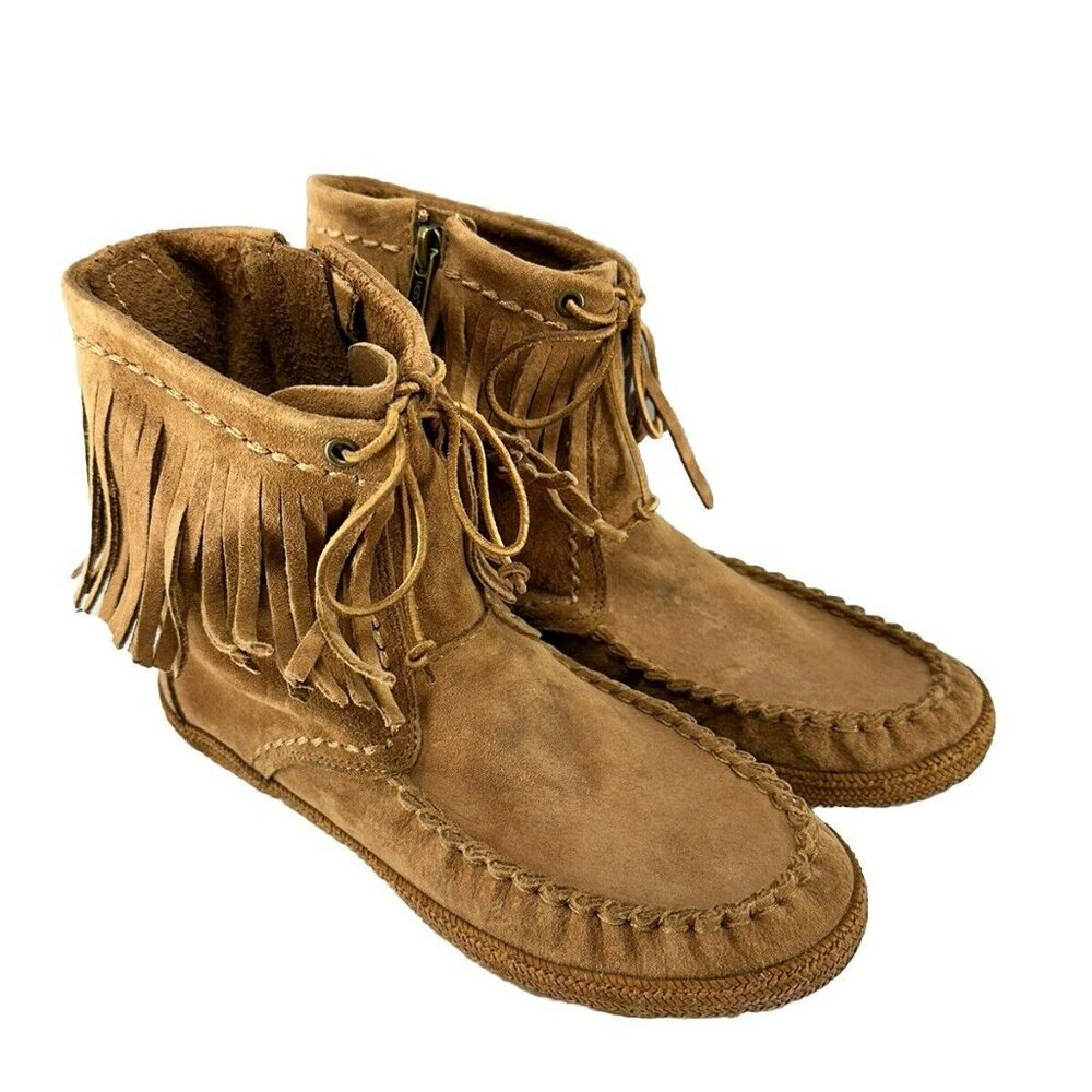 UGG Womens Shoes Boots Kaysa Fringe Moccasin Brown Leather Moc Toe Zip Up